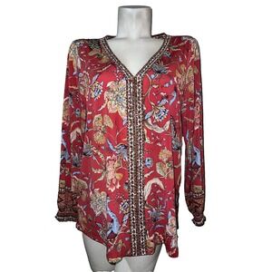 JM Collection Womens 0X Red Floral Peacock Beaded Studded V-Neck Blouse Top